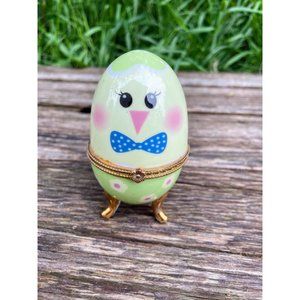 Vintage Porcelain Trinket Hinged box Egg Shaped Chick Chicken With Bowtie